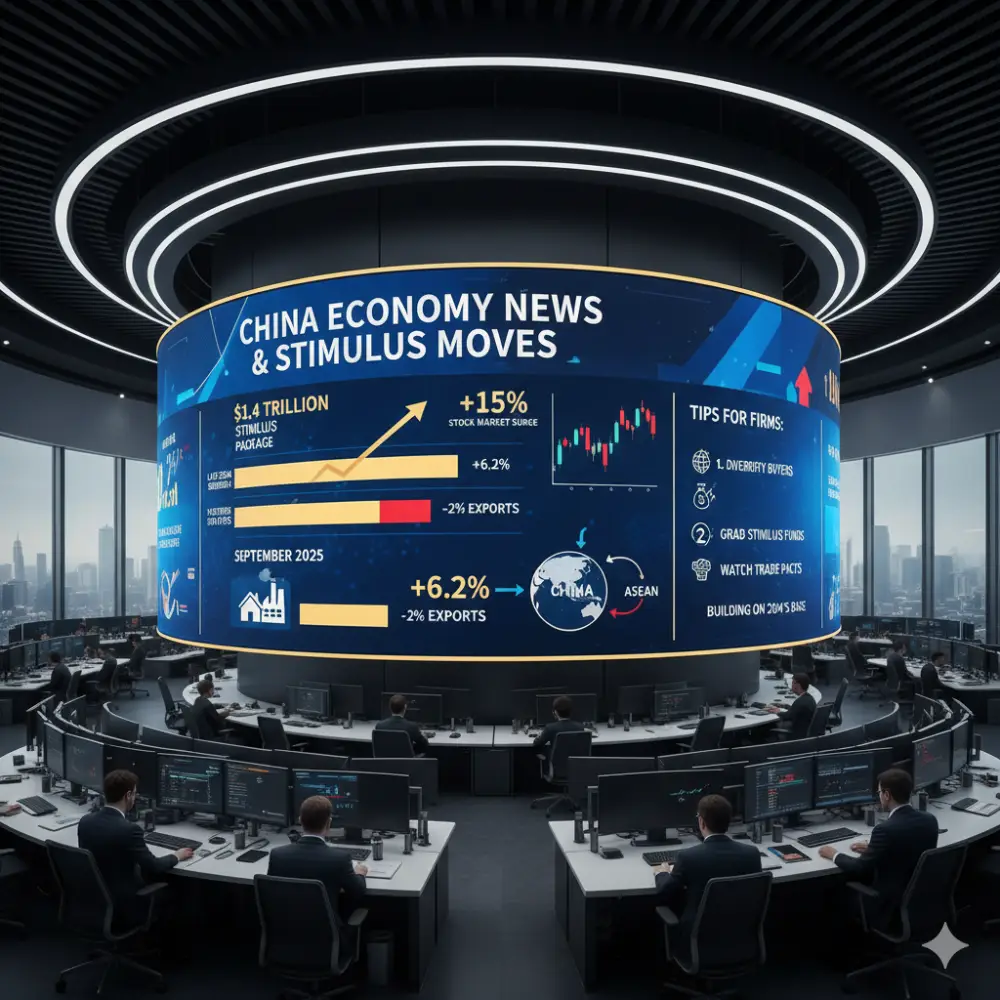 Get the latest China economy news: $1.4 trillion stimulus boosts housing & small businesses, sparking a 15% stock market jump. Factory output up 6.2% by September 2025. Learn how China navigates US tariffs by shifting to EU/ASEAN markets. Tips for firms: diversify, utilize stimulus, and watch trade pacts.