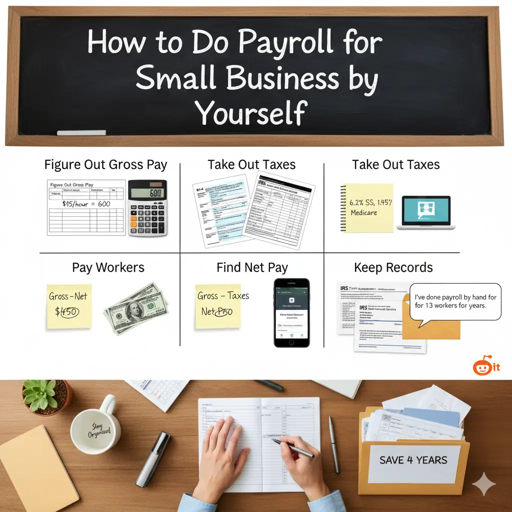 Learn how to do payroll for your small business yourself and save money. Our simple guide covers gross pay, taxes, net pay, payments, and record-keeping for 1-3 workers.