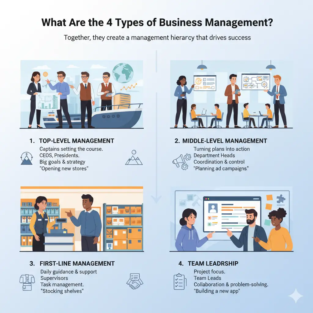 Explore what are the 4 types of business management in simple terms. Learn their roles, examples, and tips for new managers, owners, and students.