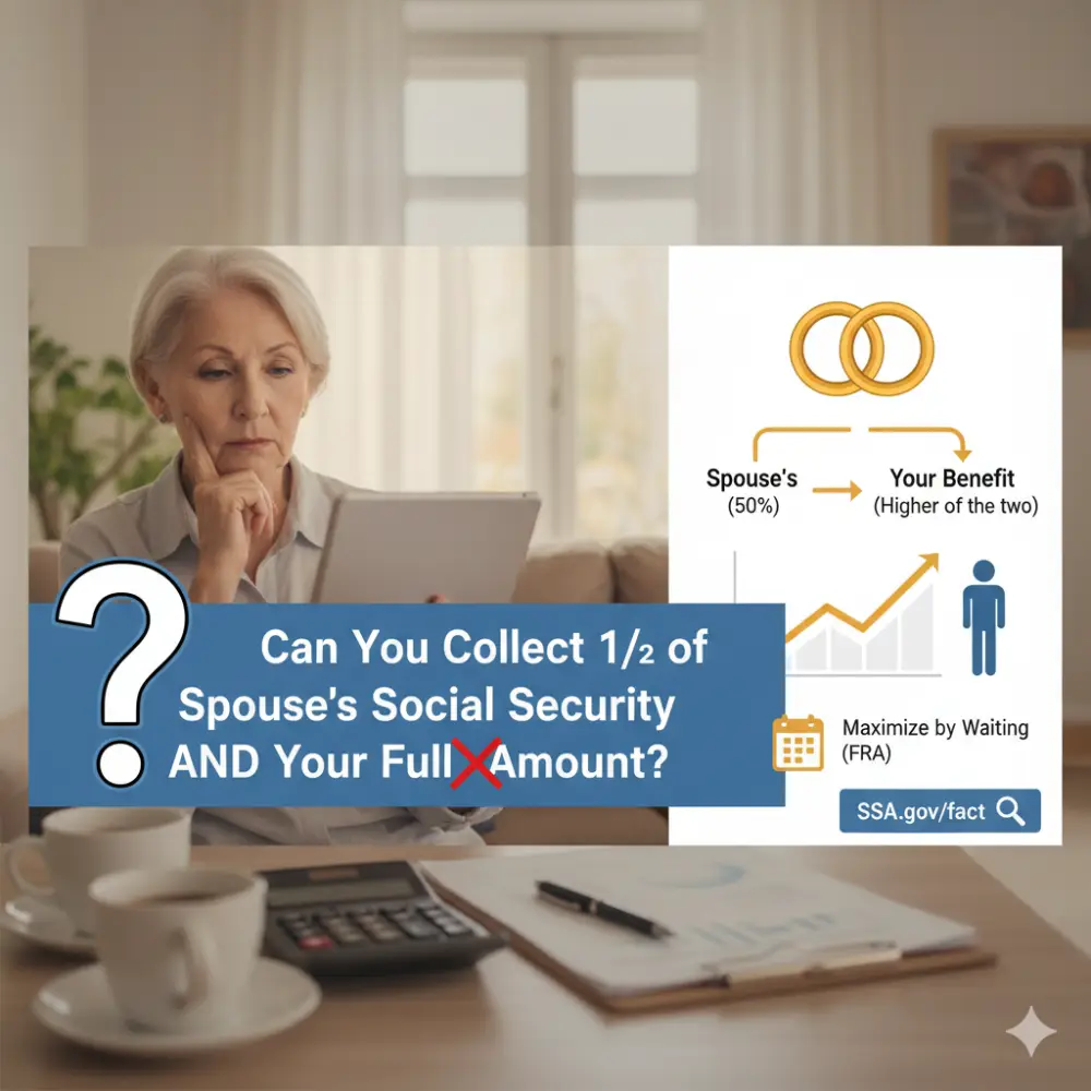 Ask can you collect 1/2 of a spouse's social security and then your full amount? See SSA rule, spouse help, switch ways, get max old money.