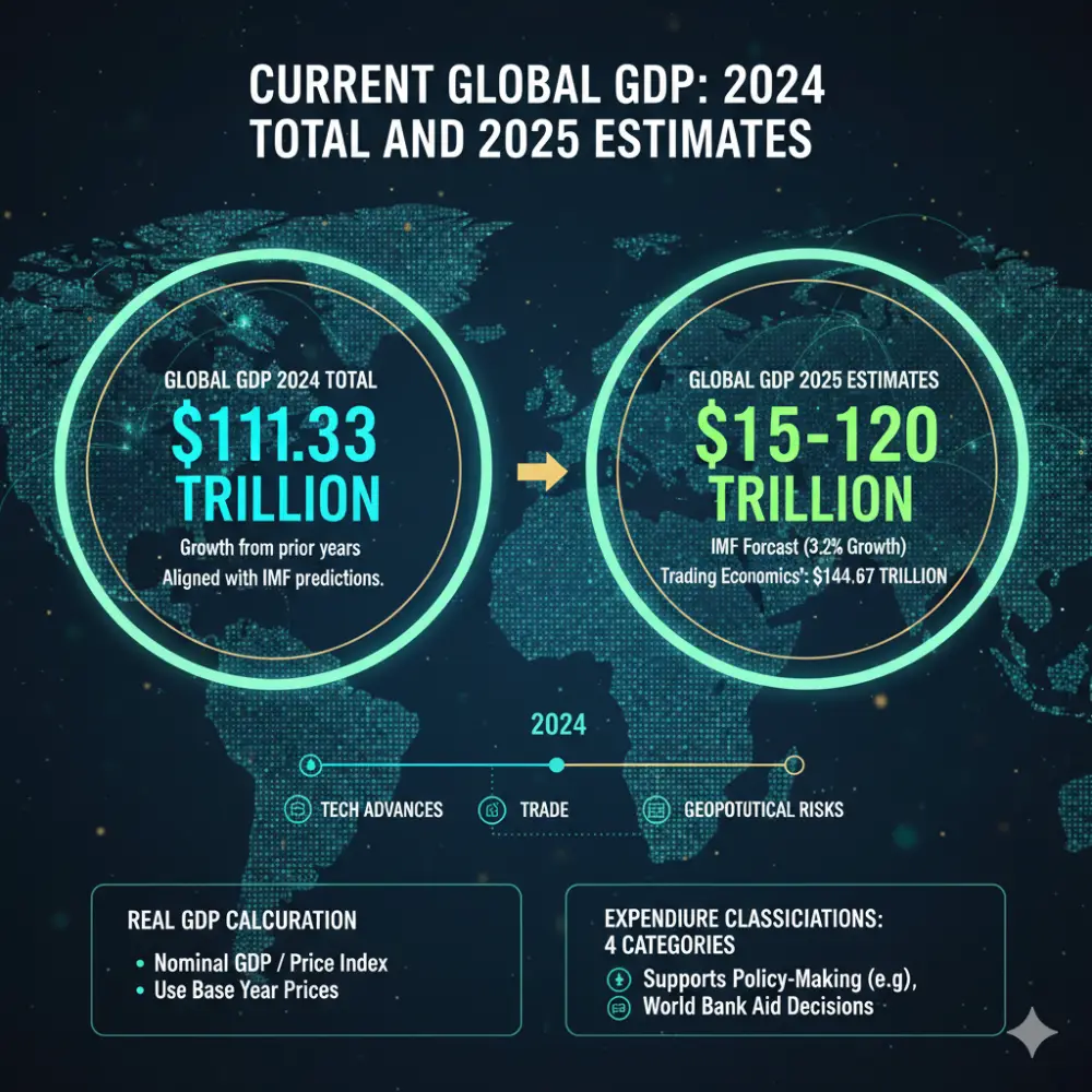 Explore global GDP 2024 total ($111.33 trillion) and 2025 estimates ($115-120 trillion). Understand factors driving growth, real GDP calculation, and expenditure classifications.