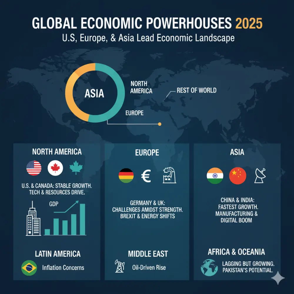 The three major economic centers of the world are the U.S., Europe, and Asia.