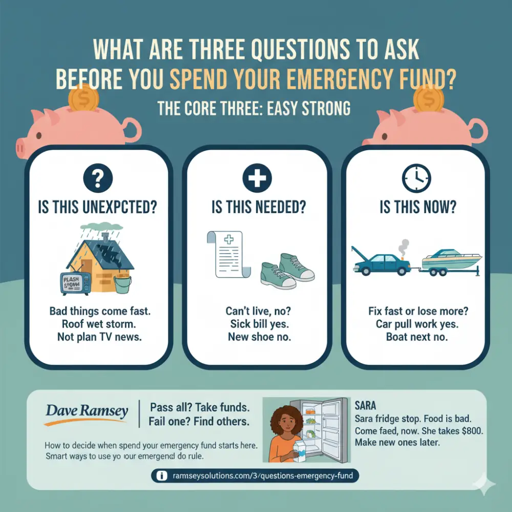Before you dip into your emergency fund, ask these 3 crucial questions from Dave Ramsey. Learn if your expense is unexpected, needed, and now to protect your savings.