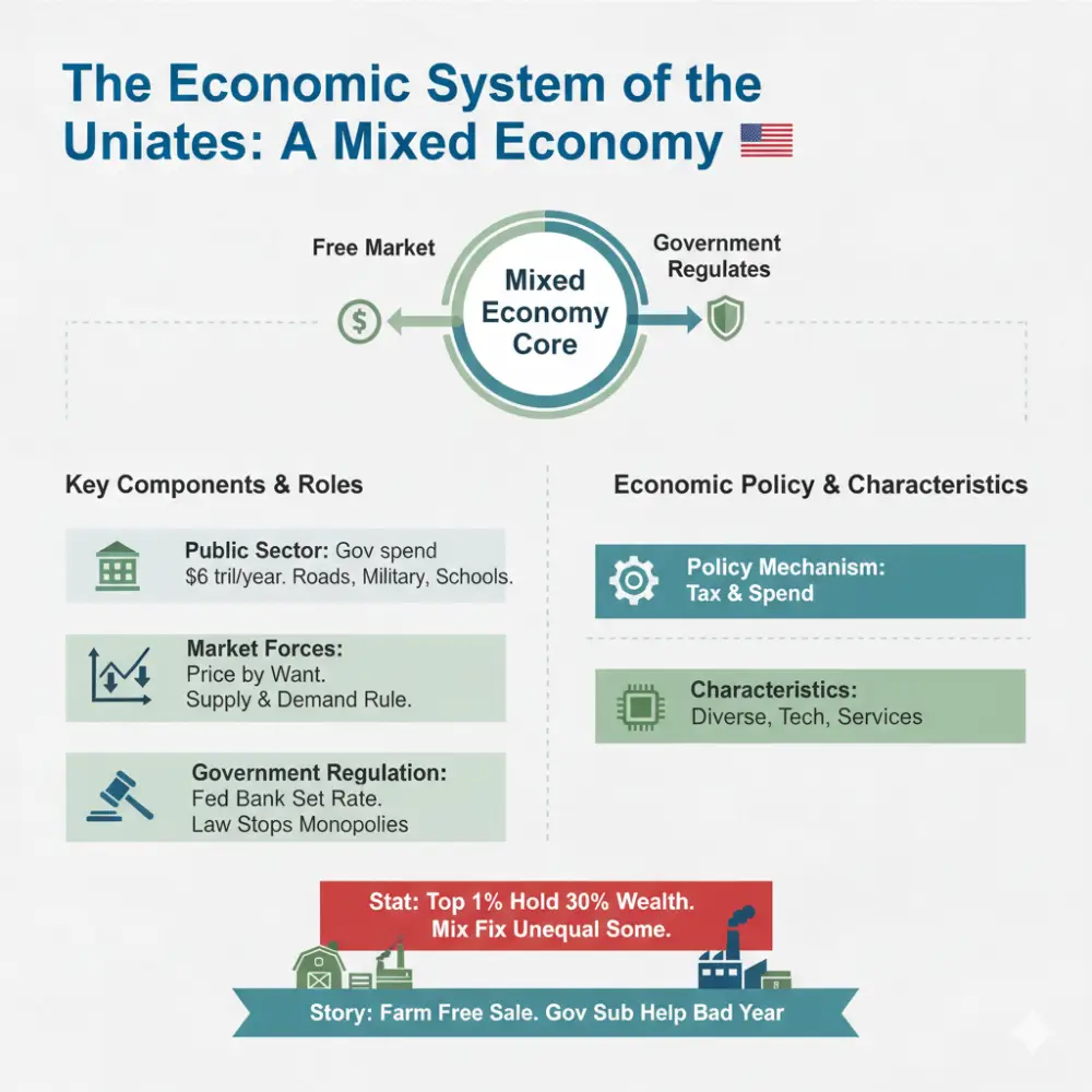 Discover the U.S. Mixed Economy core: 80% GDP is private sector, but the government regulates trade, sets Fed rates, and spends $6T on services. Learn about market forces and wealth inequality.