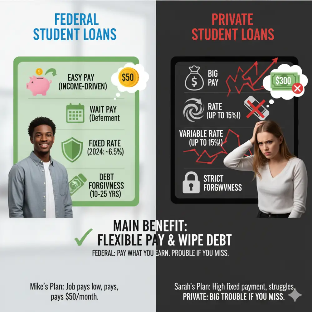 Learn what is the main benefit of taking out a federal student loan instead of a private loan: borrower protections like forgiveness and flexible repayment. Guide for students