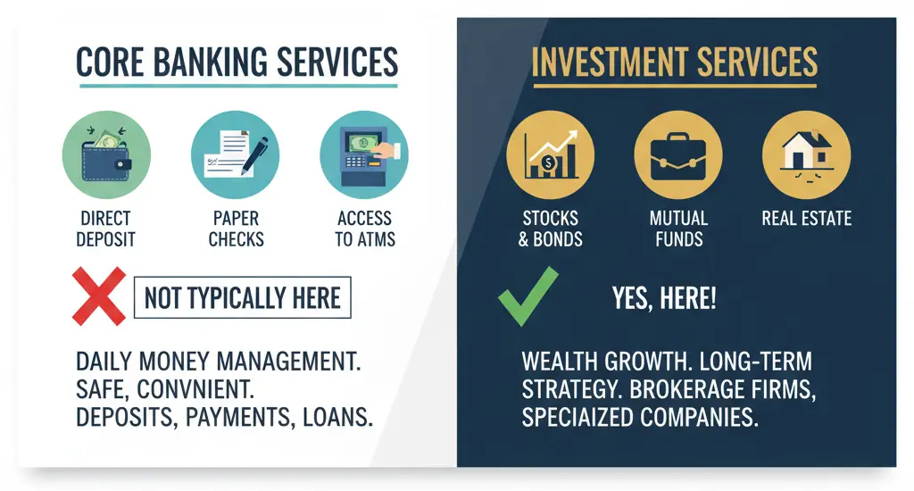 Learn what distinguishes financial institutions from investment firms. Discover common banking features like direct deposit, paper checks, and ATM access, and find out why investment products aren't typically offered by traditional banks. Understand the key differences to manage your money smarter.