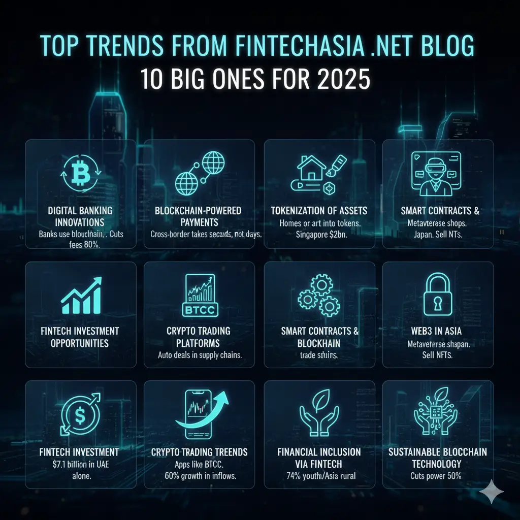 Explore FintechAsia.net 10 hottest trends for 2025! Discover blockchain payments that slash fees, asset tokenization ($2B in Singapore), massive investment opportunities (like $7.1B in UAE), and the rise of Web3 in Asia. Get the essential insights for finance innovation. Read the full list now.