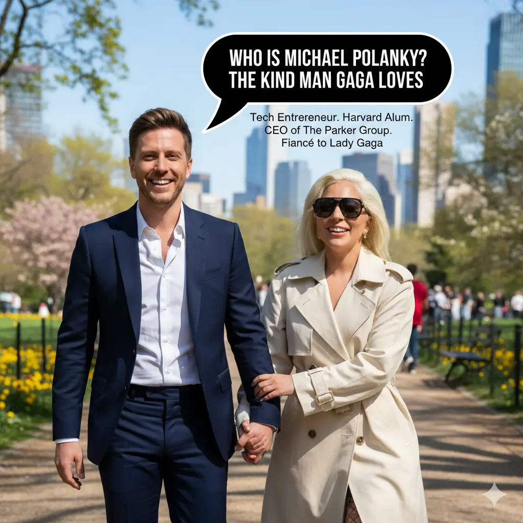 Michael Polansky and Lady Gaga walk hand-in-hand in a park, with a speech bubble asking, "WHO IS MICHAEL POLANSKY? THE KIND MAN GAGA LOVES," and text identifying him as a Tech Entrepreneur, Harvard Alum, CEO of The Parker Group, and Fiancé to Lady Gaga.