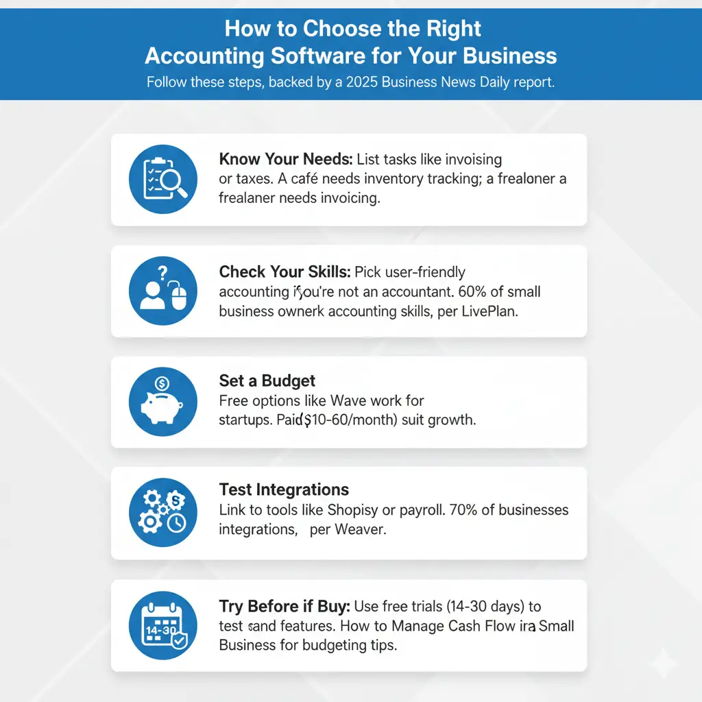 Learn how to choose the right accounting software for your business in 5 easy steps. Compare needs, skills, budget, integrations, and free trials before you buy.